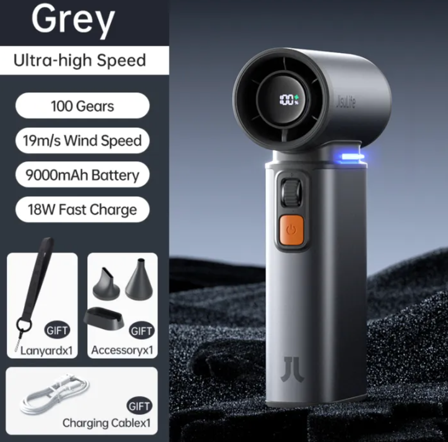 JISULIFE Handheld Fan Ultra1 3 in 1 Portable Turbo Jet Fan 9000mAh Rechargeable With Air Duster Function Mini Fan With 1-100 Speeds LED Display Outdoor Camping