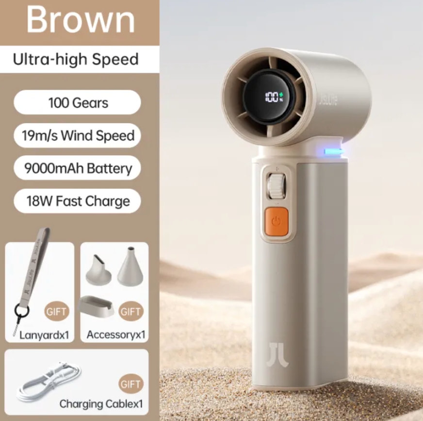 JISULIFE Handheld Fan Ultra1 3 in 1 Portable Turbo Jet Fan 9000mAh Rechargeable With Air Duster Function Mini Fan With 1-100 Speeds LED Display Outdoor Camping